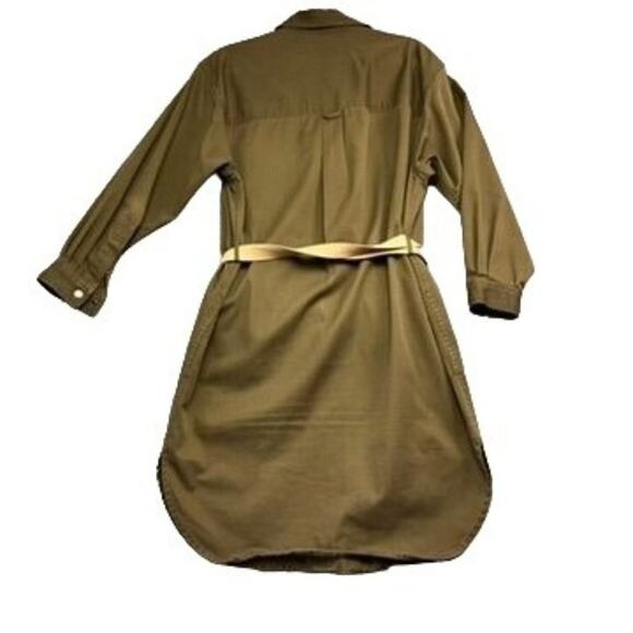 Liz Claiborne Shirt Dress Size L Olive Green Belted Snap Button Curved Hem Vtg - Picture 2 of 13